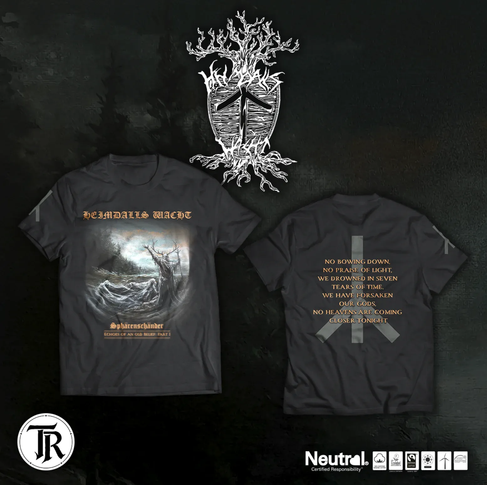Heimdalls Wacht Sphärenschänder T-Shirt mit Albumartwork auf der Vorderseite und englischem Textmotiv auf der Rückseite.